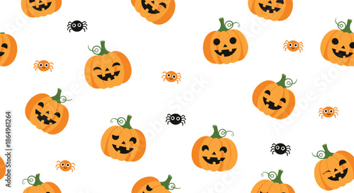 Cute and cheerful seamless Halloween pattern featuring smiling jack-o'-lanterns and friendly little spiders on a clean white background.