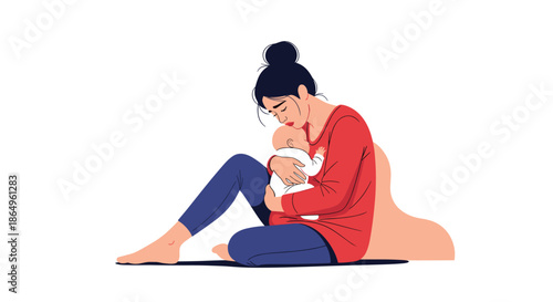 Tender illustration of a new mother sitting on the floor and lovingly holding her newborn baby, depicting postpartum motherhood.