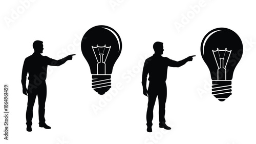 Man pointing at lightbulbs representing ideas and innovation silhouette