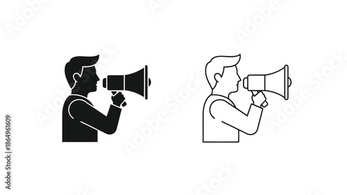 Man speaking into a megaphone two variations in black and white silhouette