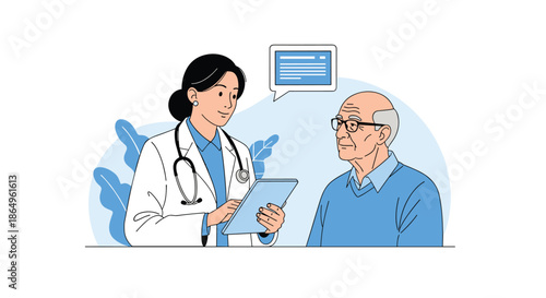 Female doctor with a stethoscope consulting an elderly male patient, using a tablet for digital medical records in a modern clinic.