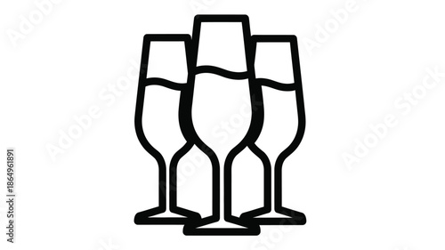 A simple black and white illustration of four champagne glasses toasting