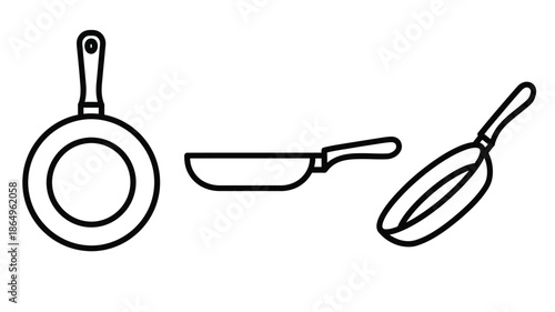 Simple line drawing of a frying pan spatula and whisk