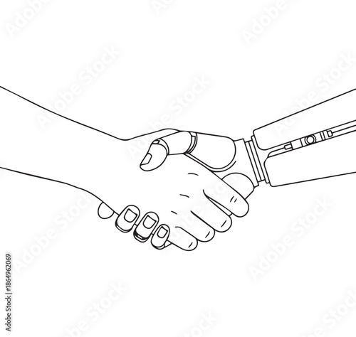 Human hand firmly shakes a robotic mechanical arm, representing collaboration between people and artificial intelligence or future technology.