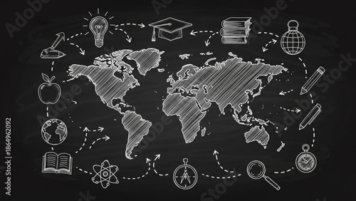 Global Education Concept with Chalk Drawings on Blackboard