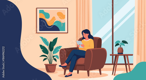 Woman relaxing in a comfortable armchair in her cozy living room, reading a book or using a tablet by a large, sunny window.