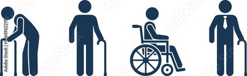 Black silhouette icon set featuring elderly and disabled people using walkers canes and wheelchairs for medical and accessibility signage.