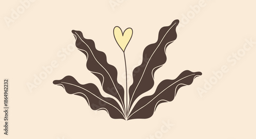 Cute and simple illustration of a stylized plant with wavy dark leaves and a single yellow heart-shaped flower, symbolizing love.