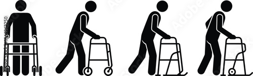 Black silhouette icon set featuring elderly or disabled people using various walkers and mobility aids for accessibility and healthcare.