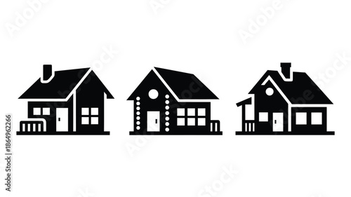 Simple black silhouettes depicting three distinct house designs in a row