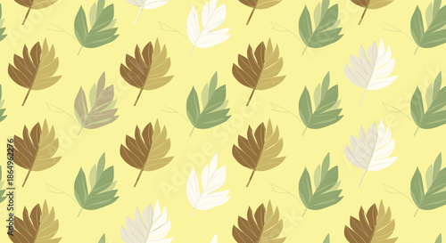Seamless pattern with stylized, two-toned autumn leaves in shades of green and brown on a pale yellow background for fall.