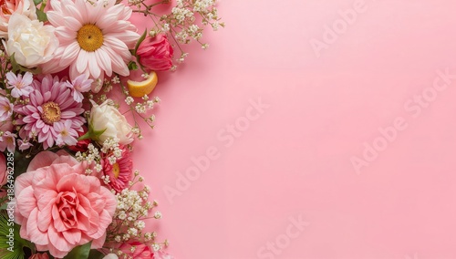 Bright Flowers Arranged on a Soft Pink Background in Spring Setting