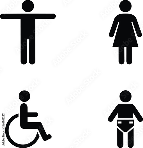 Black silhouette restroom icon set featuring male female handicapped accessibility and baby changing station symbols for public facility directional signage.