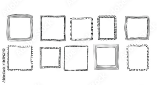 A diverse collection of ten hand-drawn square and rectangular doodle frames with various sketchy and quirky border designs.