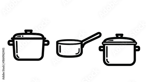 Black and white line drawing of various cooking pots and a ladle