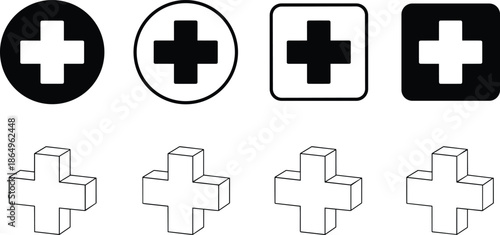 Medical cross and plus sign icon set featuring 3D isometric views, circular buttons, and square symbols for healthcare apps.