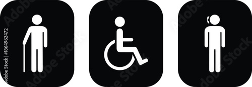 White silhouette accessibility icons on rounded black squares featuring elderly person with cane wheelchair user and blind person symbols.