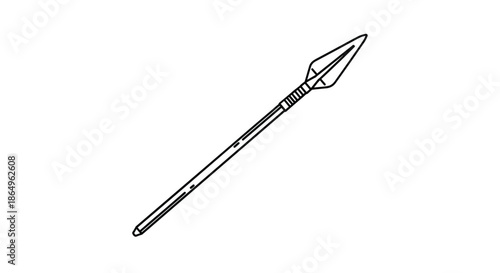 Minimalist line art illustration of a primitive spear or javelin, a historical weapon for hunting or combat, isolated on a white background.