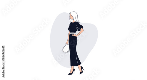 Stylish illustration of a fashionable woman with blonde hair in an elegant black dress and high heels, holding a white clutch bag.