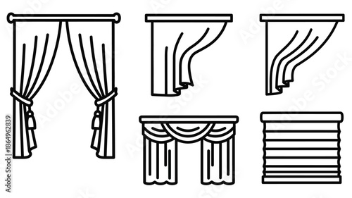 Line art illustration of various window treatments and curtain styles