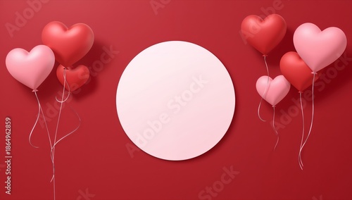 Decorative Red Background With Heart Balloons and Empty Frame for Celebration...