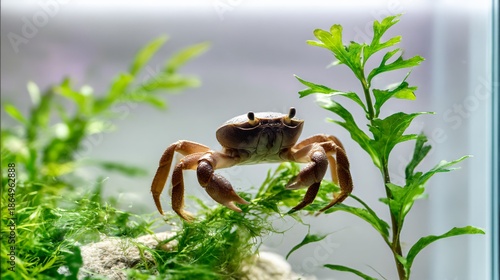 A crab is standing on a rock in a tank with green plants. The crab is looking up at the camera