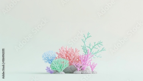 Colorful Coral Display Set Against a Plain Background With Various Shapes and...