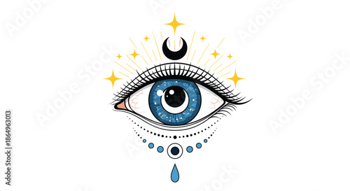 Mystical all-seeing eye illustration with a crescent moon, stars, and teardrop, symbolizing intuition, spirituality, and divine protection.