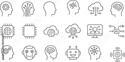 Artificial intelligence icons set, neural network symbols, machine learning vector graphics, cognitive computing illustrations, futuristic technology concepts, digital brain designs