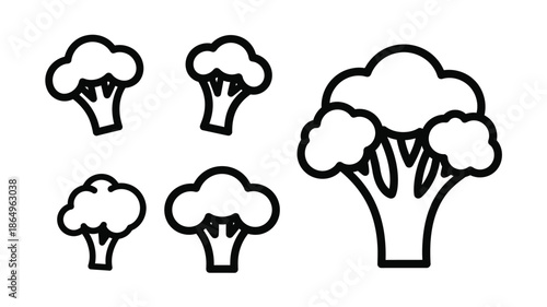 Simple black and white illustration of various broccoli florets shown in outline