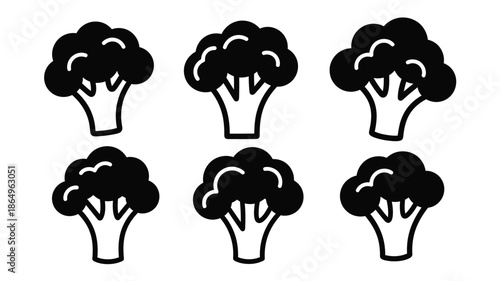 Simple black and white illustration of six broccoli florets in a grid
