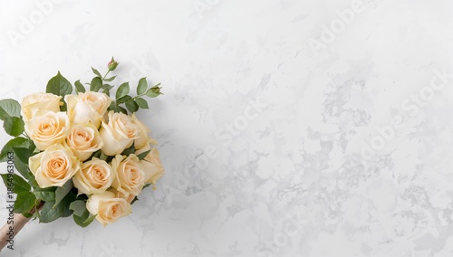 Bouquet of Cream Roses on a Light Marble Background in a Simple Setting