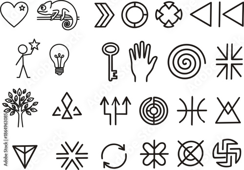Abstract, symbolic, and nature-inspired icons set for creative, conceptual, and storytelling design in vector illustration