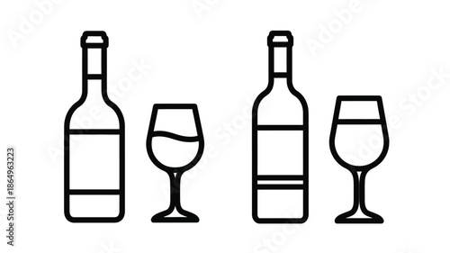 Simple black and white illustration of wine bottles and glasses