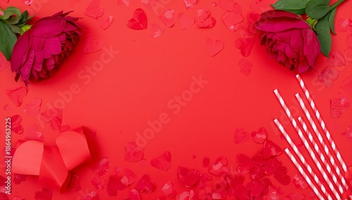 Heart Shapes and Flowers on Red Background for Celebration or Gathering