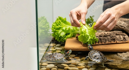 A person is feeding two turtles lettuce. The turtles are in a tank with a rock and a piece of wood