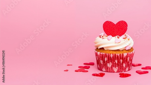Cupcake Decorated With Hearts on a Pink Background During a Celebration