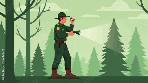 Ranger Examining Wildlife With Flashlight In Forest Protecting Natural Environment