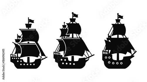 Silhouettes of three historic sailing ships with flags a nautical theme
