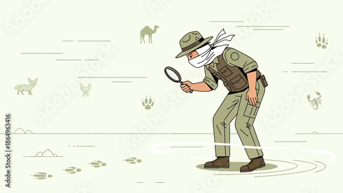 Ranger Exploring Desert With Magnifying Glass Discovering Animal Tracks