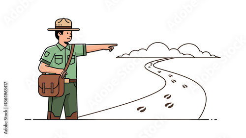 Ranger Guide Pointing The Way On A Nature Trail With Animal Tracks