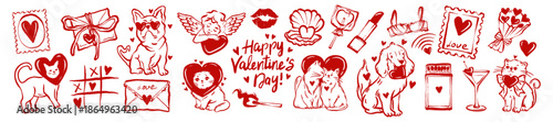 Cute love doodle set, hand drawn bachelorette wedding whimsical illustration, Valentine day stickers. Cartoon kitten with heart, lovely dog, romantic sketch graphic. February holiday love doodle icon