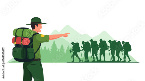 Ranger Guides A Group Of Hikers Through Picturesque Mountain Trails