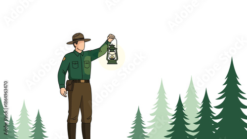Ranger Guiding Through Forest With Old Fashioned Lantern Illustration