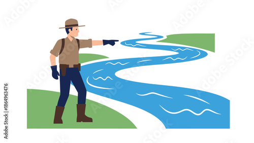 Ranger Guides River Trail Route Through Nature Illustration Scene