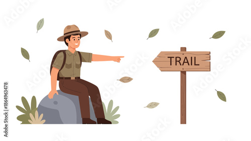 Ranger Guides Toward Adventures On Wilderness Trail Illustration Style Concept
