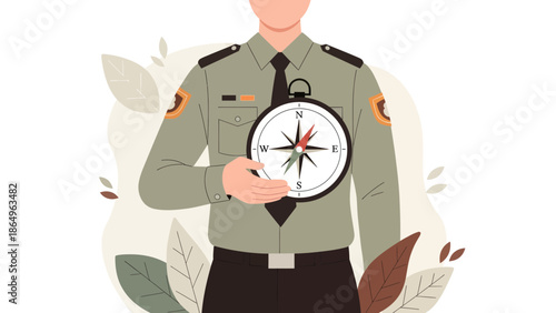 Ranger Holding Compass Illustrating Direction Guidance And Orientation Concepts