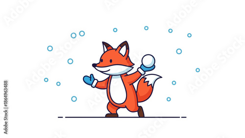 Playful Fox Having A Snowball Fight In Winter Fun Activity Cartoon Illustration