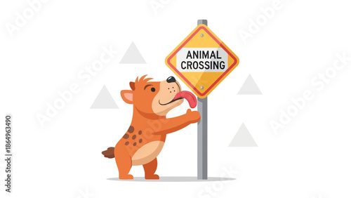 Playful Hyena Beside Animal Crossing Road Sign Cartoon Illustration