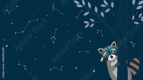 Playful Night Scene With A Cartoon Raccoon In Glasses Under Starry Sky